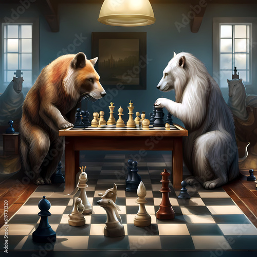 Ein weißer Wolf spielt mit einem Bären Schach