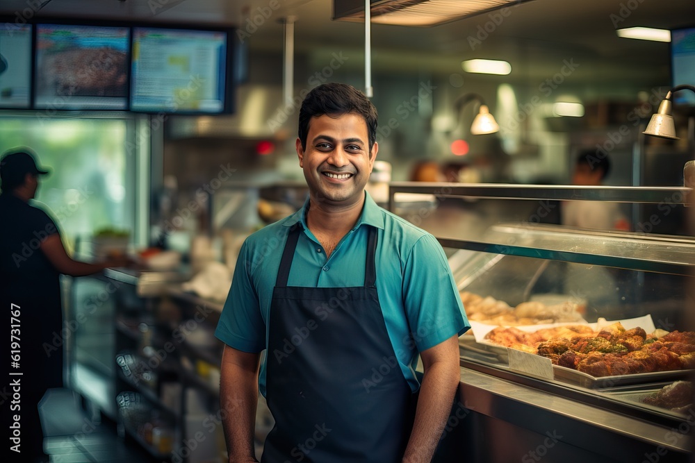 A proud small business owner at a vibrant fast food counter. Generative AI. A proud small business owner at a vibrant fast food counter. Generative AI.