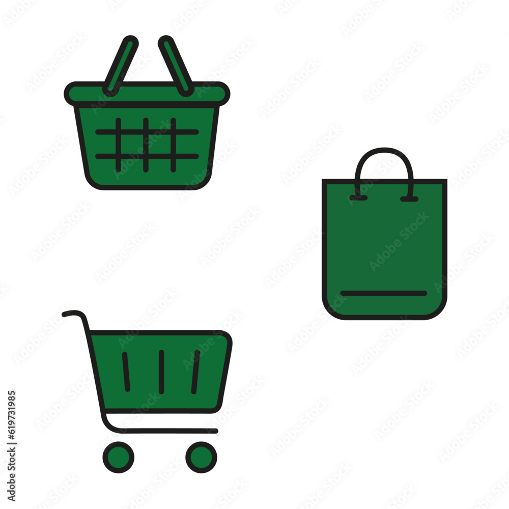 Fototapeta premium Vector flat illustration. A set of icons of shopping baskets of different shapes. Green collection. Suitable for online store, stickers and as an independent drawing.