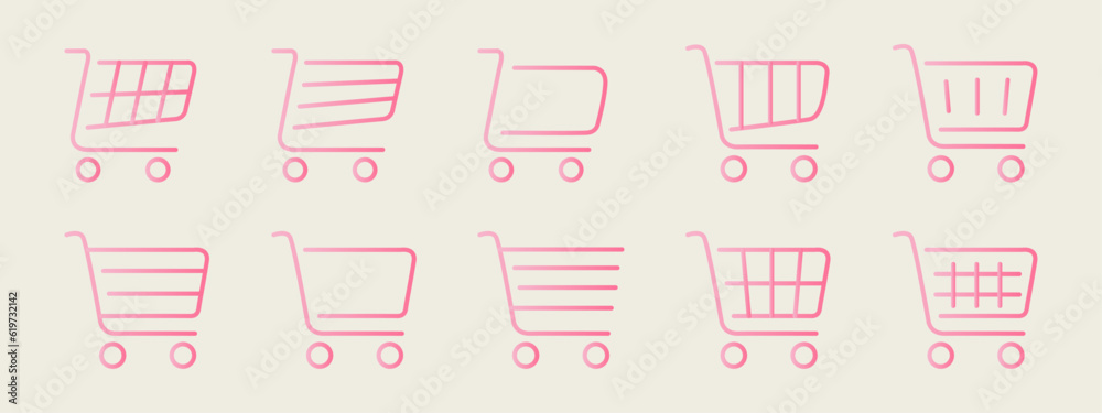 Vector flat illustration. A set of icons of shopping carts of different shapes. Gradient collection in pink color on a light background. Suitable for online store and stickers.