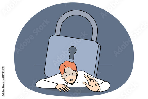 Unhappy businessman under heavy padlock suffer from bankruptcy during lockdown. Stressed man employee pressed by lock burden. Debt and financial crisis. Vector illustration.