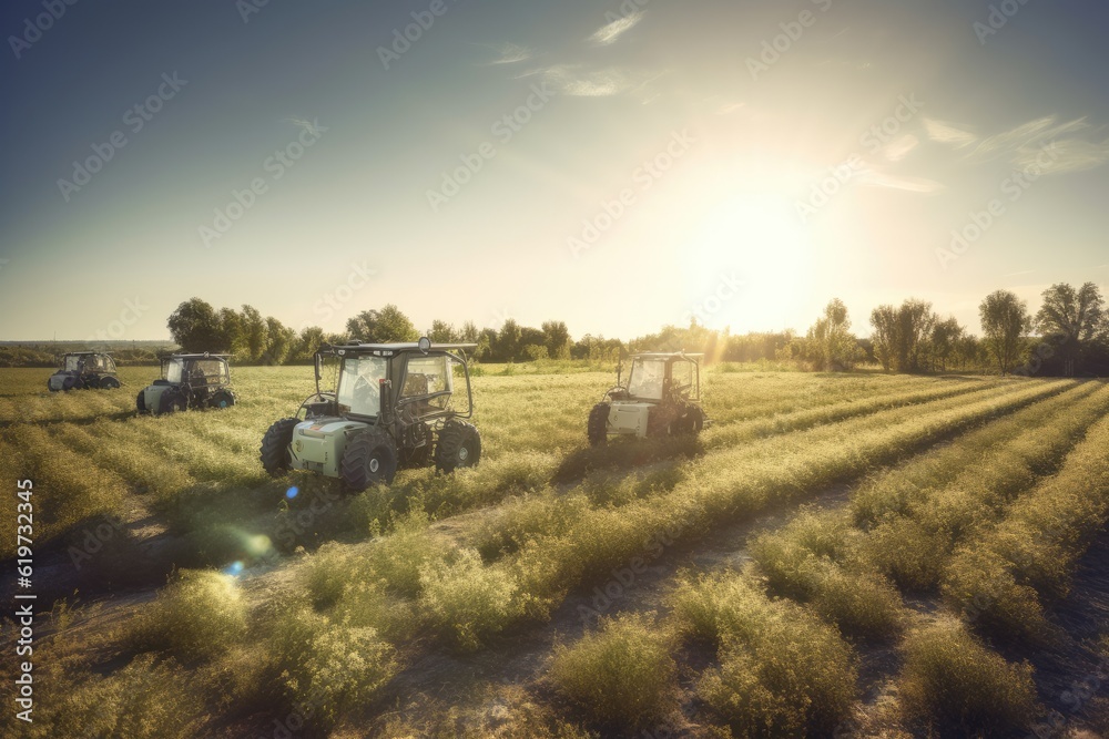Fototapeta premium Group of agricultural robots working in a sun-drenched field. Generative AI
