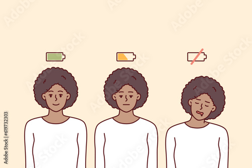 Woman with different battery levels for concept of difference between human mental state and need for recuperation. African american woman before and after work that causes fatigue and takes energy