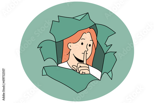 Young woman look through paper hole keep finger at lips ask for silence. Girl beg for being quiet and silent. Keep secret and not talk much. Censorship concept. Vector illustration.