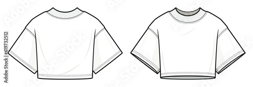 Oversized Unisex Short Sleeve Streetwear Hip Hop Basic Tee technical fashion illustration. Oversized cropped Tee template vector illustration. front and back view. white color. women.CAD mock-up.	