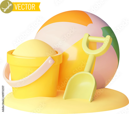 Vector beach and sandbox toys icon. Plastic scoop, bucket or pail, and ball on sand. Children summer fun, games and entertainment on the sandy beach