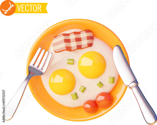 Vector breakfast icon. Fried eggs with roasted bacon and fresh tomato. Orange plate, fork and knife