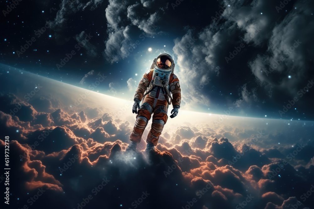 Astronaut exploring other worlds in outer space Astronaut exploring other worlds in outer space