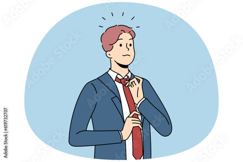 Young confident businessman in suit and tie feel successful and motivated. Self-confident male boss or CEO wearing formalwear show leadership qualities. Flat vector illustration.