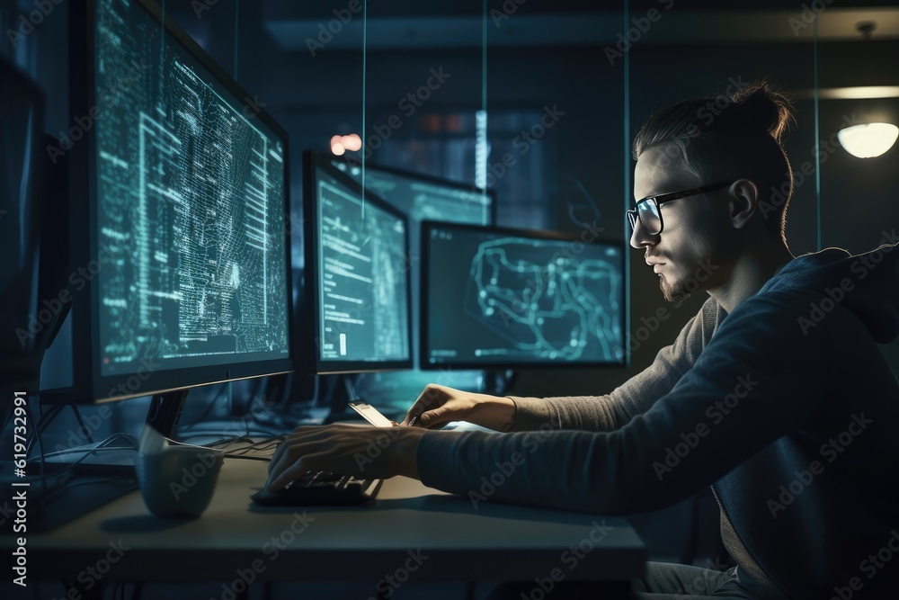 Programmer working at their computer, surrounded by monitors displaying code. Generative AI