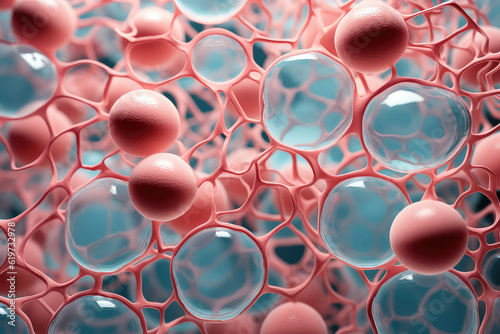 Beautiful body cells under the microscope in pink and blue. Close-up zoom of the molecules. Round cell bubbles wallpaper. Generative AI 3d render illustration imitation.