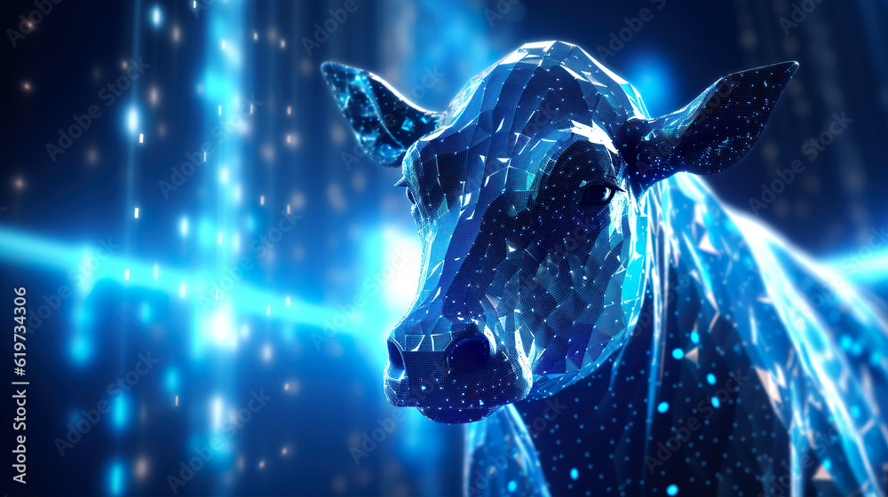 A bull portrait in front of fast-moving data - obrazy, fototapety, plakaty 