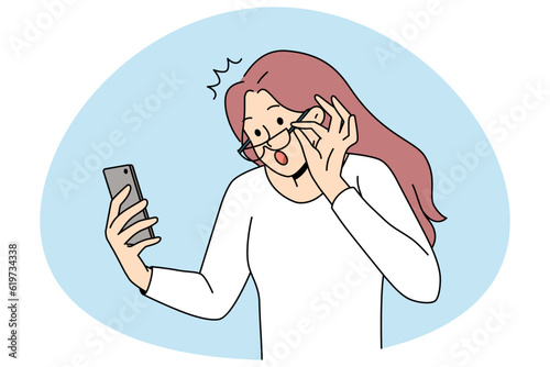 Shocked young woman take off glasses look at cellphone screen shocked by unexpected news online. Amazed girl surprised with message or text on smartphone. Flat vector illustration.
