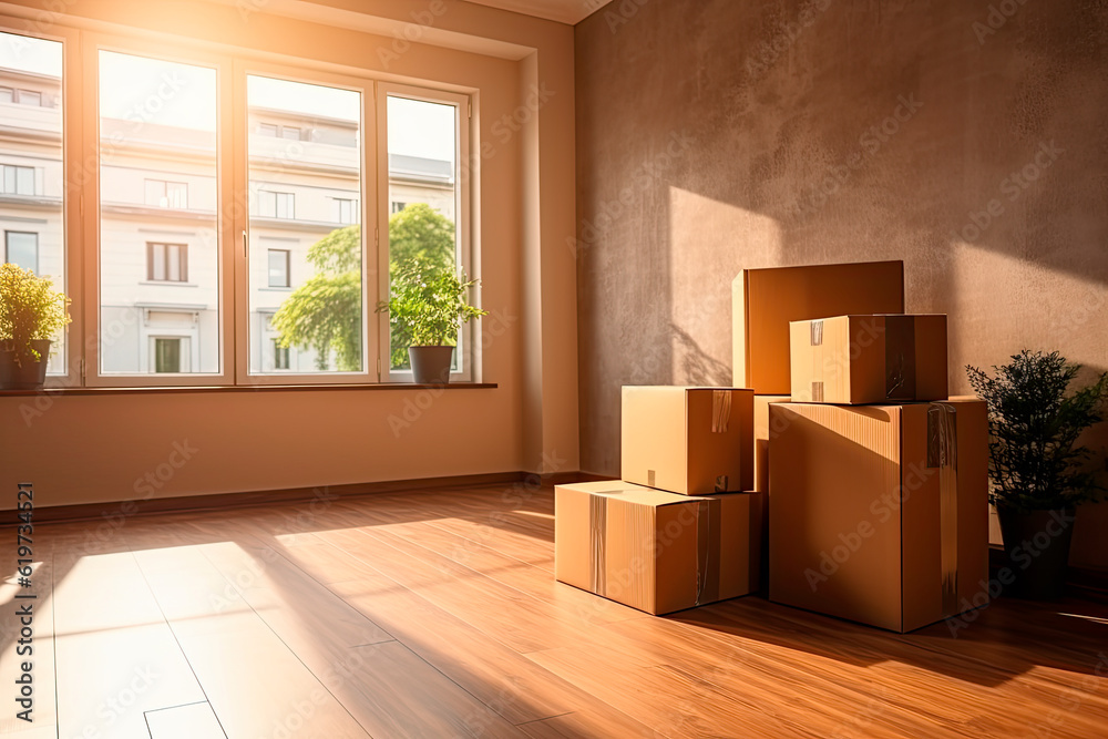 Pile of cardboard boxes with personal belongings in living room on moving day without people, delivery service concept, banner for website header design with copy space for text Pile of cardboard boxes with personal belongings in living room on moving day without people, delivery service concept, banner for website header design with copy space for text