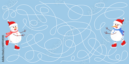 Maze educational game. Help the snowmen meet to dance together on the ice. Cartoon vector illustration for children's entertainment.