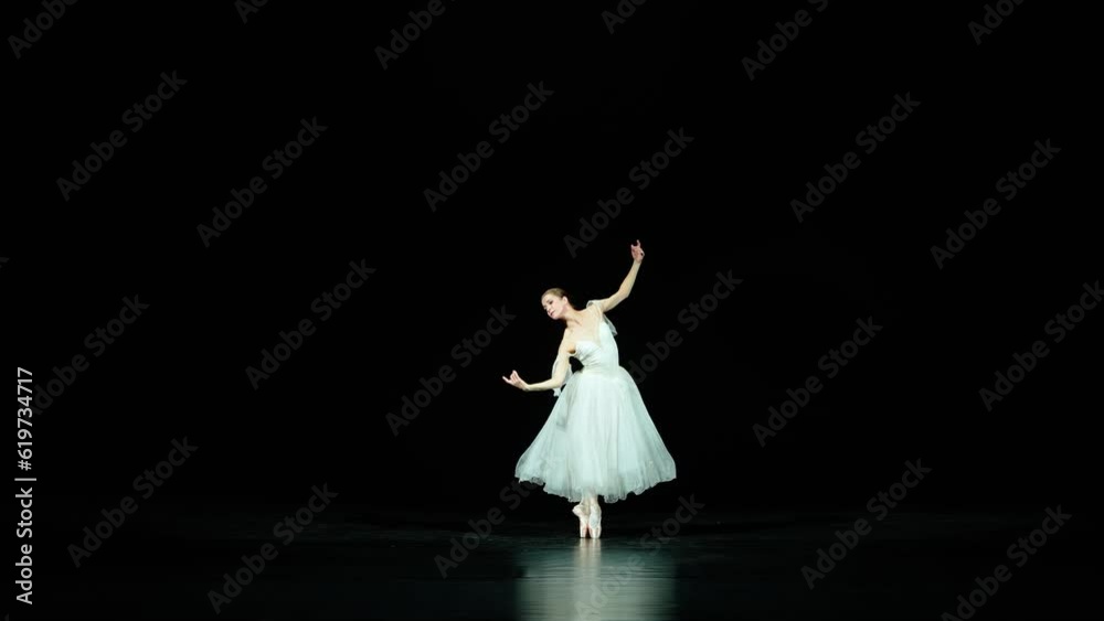 Ballet, elegant ballerina in a white tutu dance and perform choreographic elements on a black background, beautiful dramatic dance. Ballet, elegant ballerina in a white tutu dance and perform choreographic elements on a black background, beautiful dramatic dance.