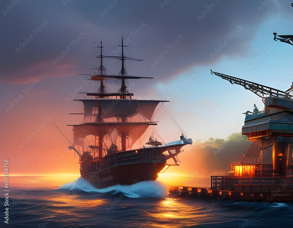 Beautiful ship sailing in the sea at sunset. Amazing 3D landscape. Digital illustration. CG Artwork Background