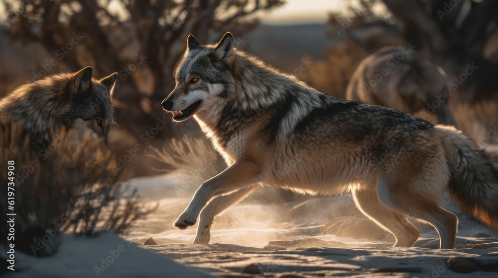 AI generated illustration of three gray wolves running across a winter landscape