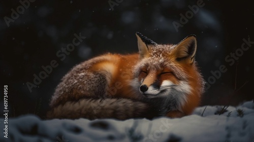 AI-generated illustration of a red fox resting in the wintery landscape. © Rubbersoulgoods/Wirestock Creators