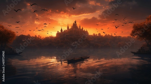 AI-generated illustration of a fantasy town surrounded by a lake during the sunset