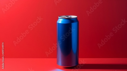 AI-generated illustration of A blue aluminium can resting on a red surface with a slight sheen