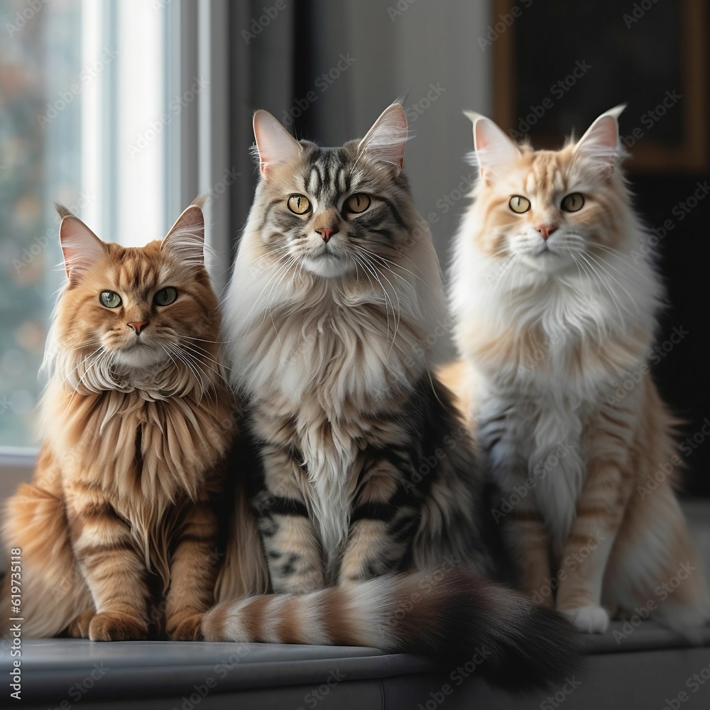 AI generated illustration of three cats perched on a windowsill, looking out at the scenic view