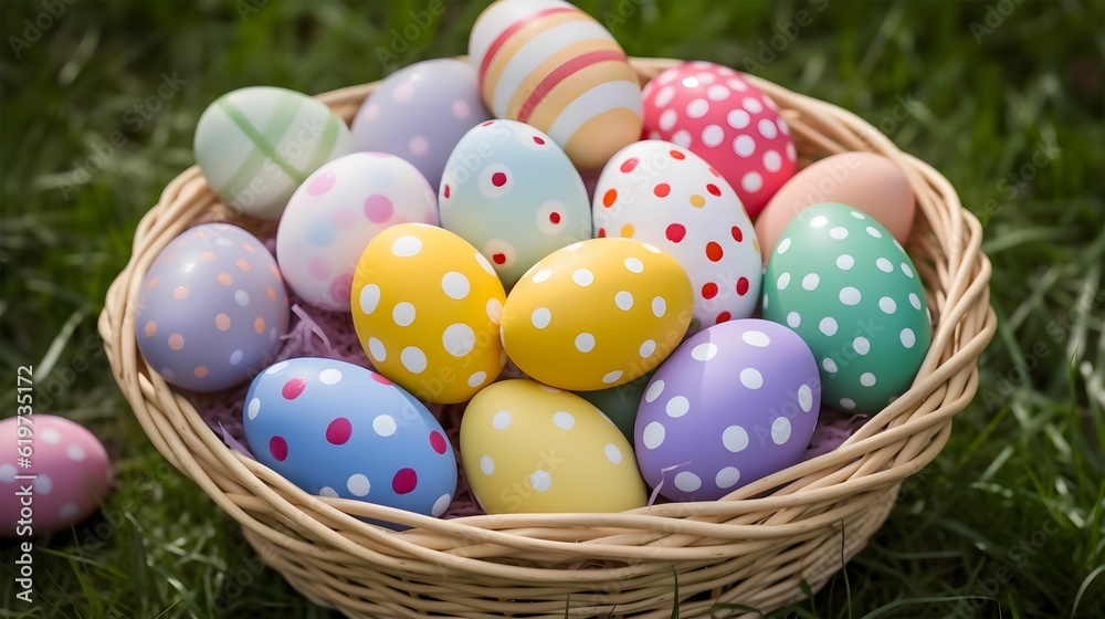 AI generated illustration of A vibrant and colorful easter eggs in a basket