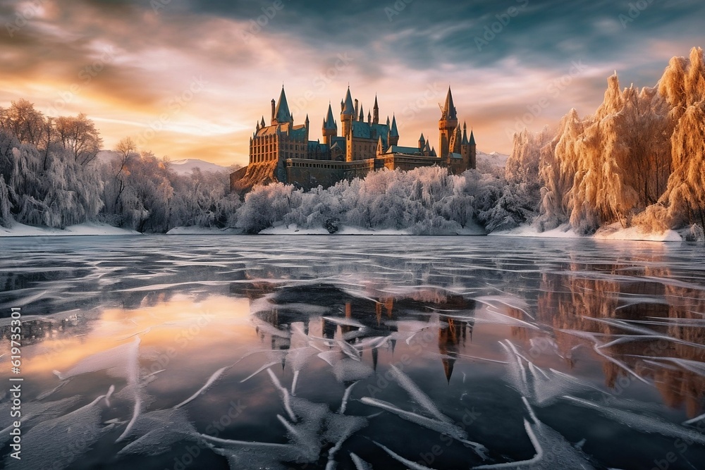 AI generated illustration of This majestic castle is situated on a snowy landscape
