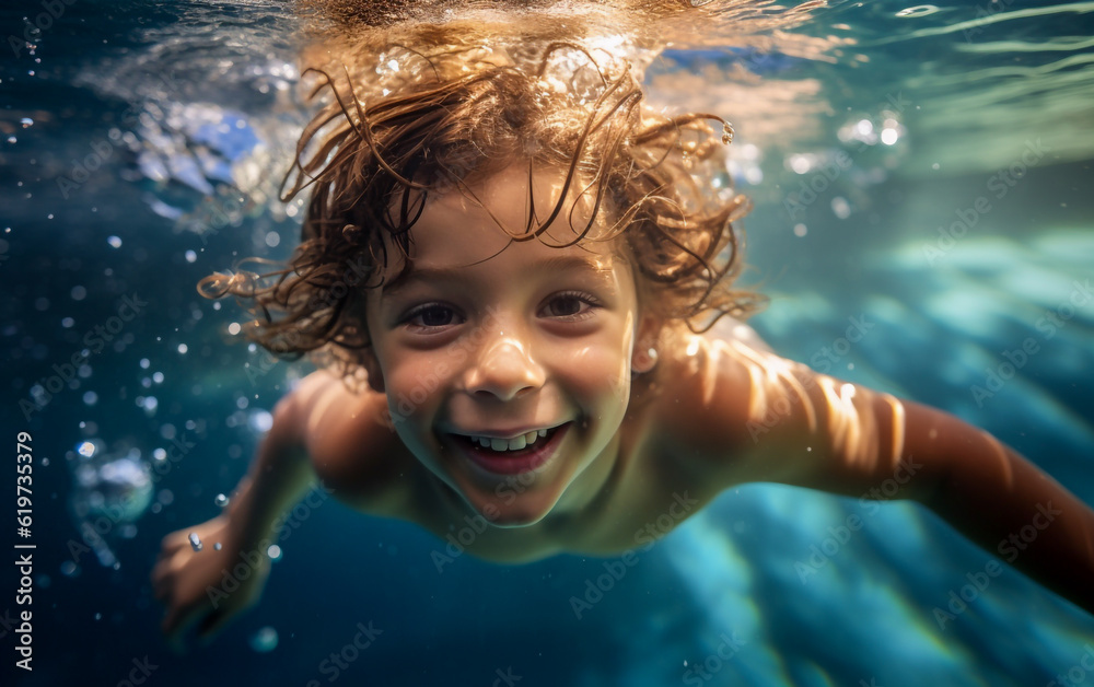 kid swimming underwater. Happy kid enjoying summer vacation