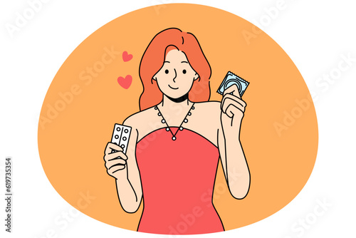 Young woman holding condom and birth control pills use different means of protection for sex. Smiling girl with contraception methods for unplanned pregnancy prevention. Vector illustration.