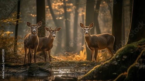 AI generated illustration of a peaceful scene of three deer in a wooded area near a river