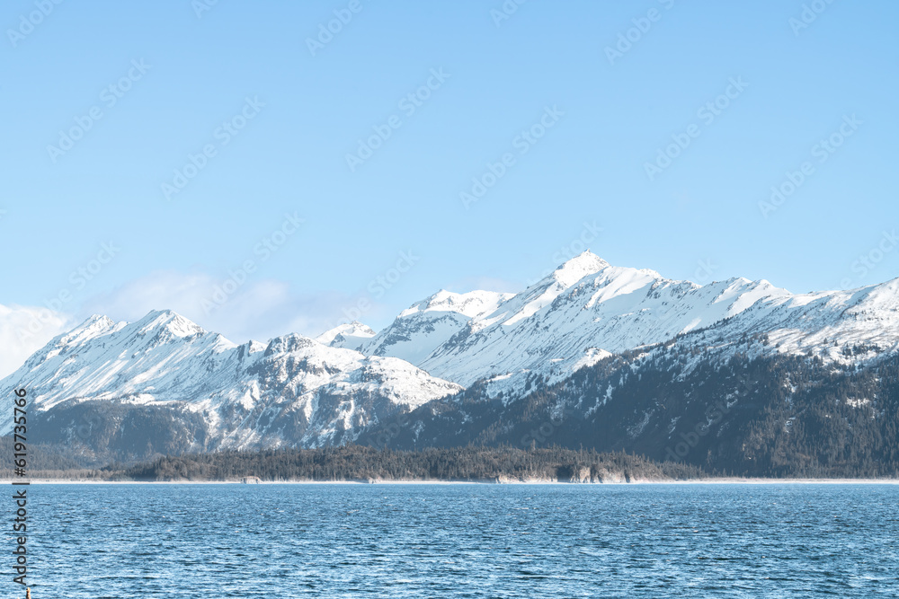 The mountains of Lake Clark National Park and Preserve from the Kenai Peninsular across the Cook Inlet.