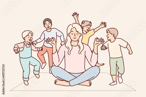 Attention-deficit children jump around meditating mother because of hyperactivity disorder