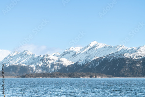 The mountains of Lake Clark National Park and Preserve from the Kenai Peninsular across the Cook Inlet.