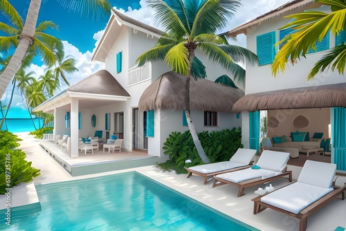 Cool wallpapers HD: Villa on a beautiful beach with lots of coconut trees