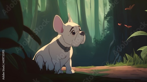 AI generated illustration of An adorable bulldog relaxing in a serene woodland setting