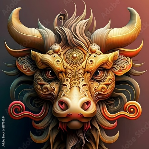 AI generated illustration of a golden bull on a dark background