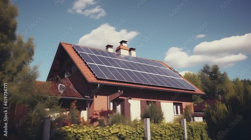 AI-generated illustration of a quaint wooden house with a solar panel-covered roof.