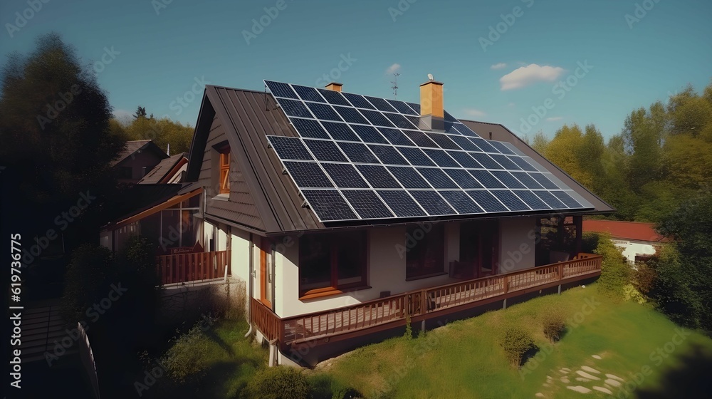 AI-generated illustration of a quaint wooden house with a solar panel-covered roof.