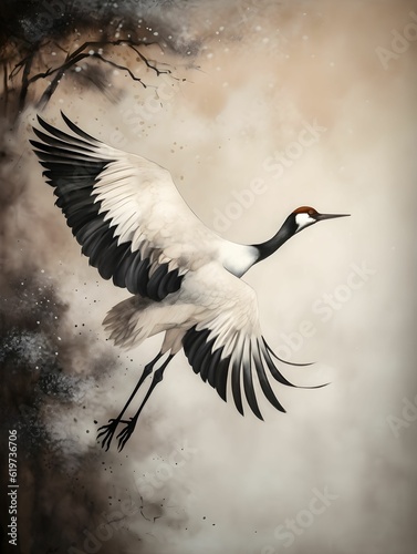 AI generated illustration of a watercolor large crane bird flying in the sky © Jerzilla/Wirestock Creators