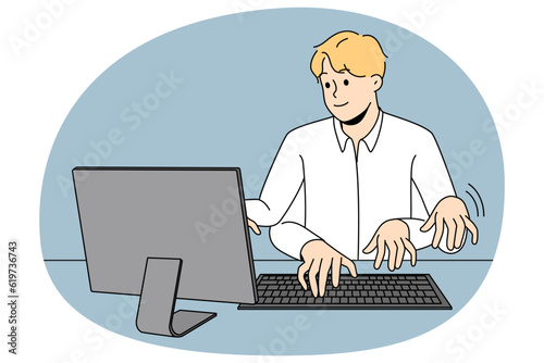 Businessman working on computer with numerous hands being fast and productive at work. Male employee typing at laptop at high speed. Productivity and multitasking. Vector illustration.