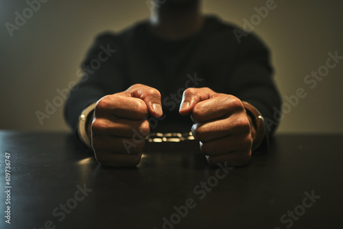 Fototapeta Interrogation, jail and hands of criminal in handcuffs for interview, investigation and arrested in station