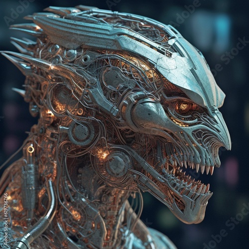AI generated illustration of a closeup of a detailed silver monster head