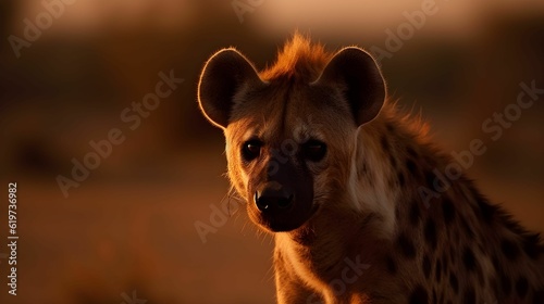 AI generated illustration of an African hyena in savannah by the sunset