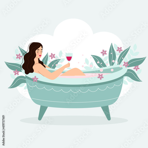 Beautiful brunette woman with a glass of red wine in the bathroom. Relaxation, spa, body care. Vector illustration in cartoon flat style.