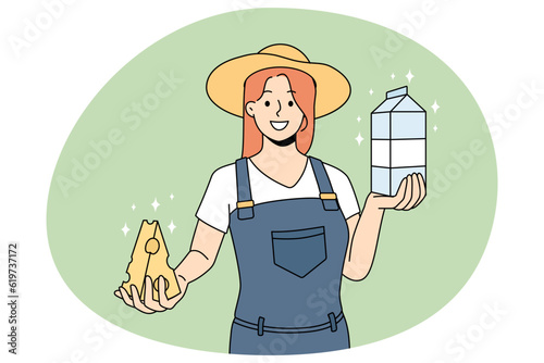 Smiling female farmer holding cheese and milk offer natural products. Happy milkmaid produce organic dairy goods on farm. Healthy food and nutrition. Vector illustration.