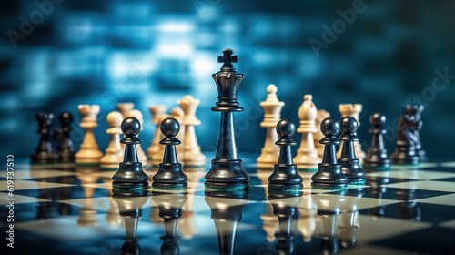 Business Concept, Chessboard with King, and Leadership Challenge are all examples of chess pieces on a chessboard. with generative ai