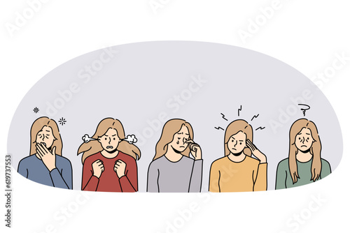 Set of young women having different symptoms and emptions of stress in life. Unhappy distressed females suffer from emotional or nervous breakdown. Flat vector illustration.