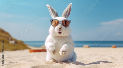 Unny rabbit wearing sunglasses on the beach. photo