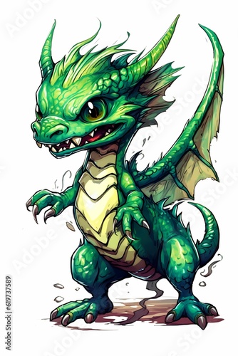 AI generated illustration of a whimsical green baby dragon on a white background